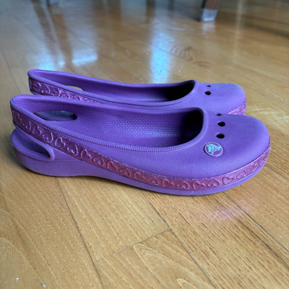 Crocs Genna II Shoes Flats Sparkle Band Slingback Purple Hearts Kids Girls Sz 3